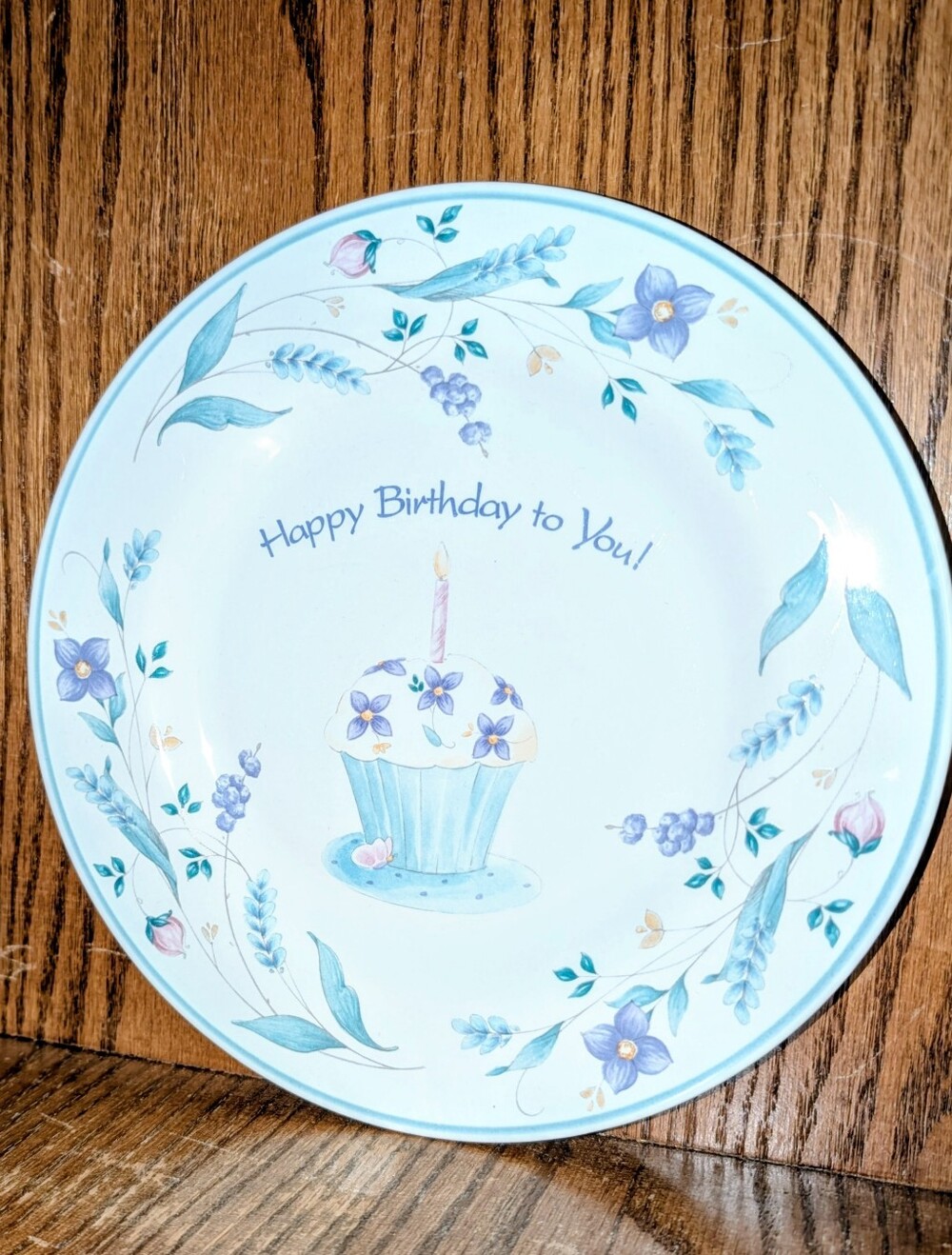 Pfaltzgraff Happy Birthday To You Floral Cupcake Plate in Blue and Purple